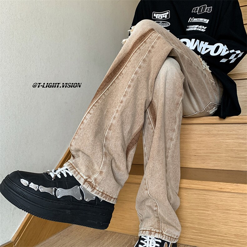 B221美式ins高街小众情侣款破洞微喇牛仔裤LK23001-P65控88,男装牛仔裤,电商B221