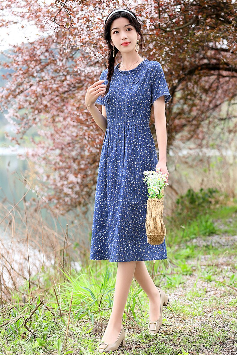 2022年夏季气质优雅印花棉连衣裙,女装连衣裙,金典明美