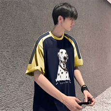 抖音得物品质二开240克宽松纯棉美式潮牌插肩三杠织带短袖T恤，男装T恤，电商A486