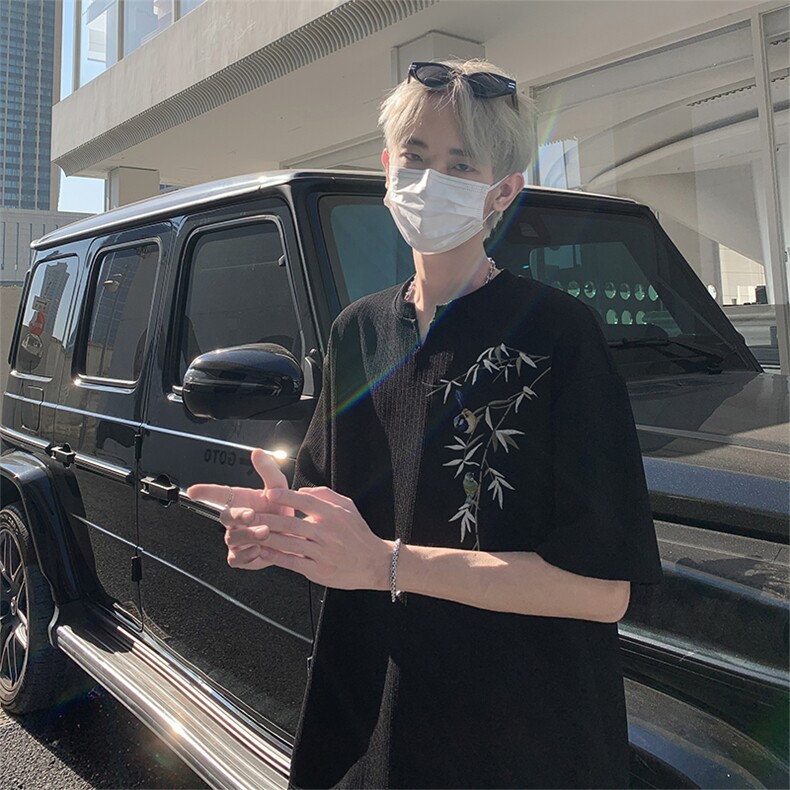 风抖音直播得物痞帅肌理感V领短袖T7527P25控39,男装T恤,电商C408-1(原B339-1)