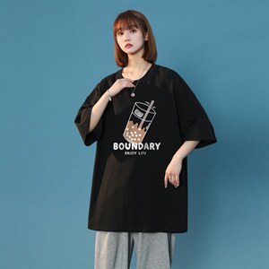 港风 2026夏季新品奶茶印花圆领休闲七分袖短袖T1094 P25----控38图片