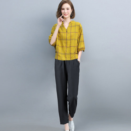 棉麻短袖t恤女夏季薄款2024新款格子衬衣中年妈妈宽松亚麻V领小衫，女装套装/套裙，璐依舞