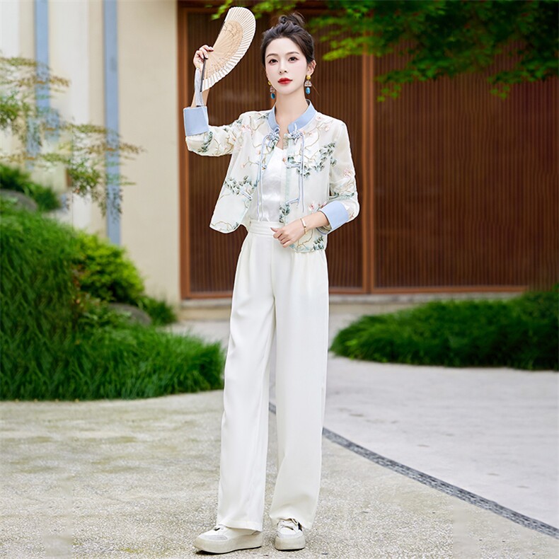 新中式国风阔腿裤套装女2024夏季新款气质禅意刺绣盘扣上衣两件套,女装套装/套裙,韩美纤衣