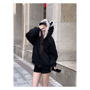 1506-1/MF0051/P89猫耳朵连帽棉服女加绒美式宽松设计感外套图片
