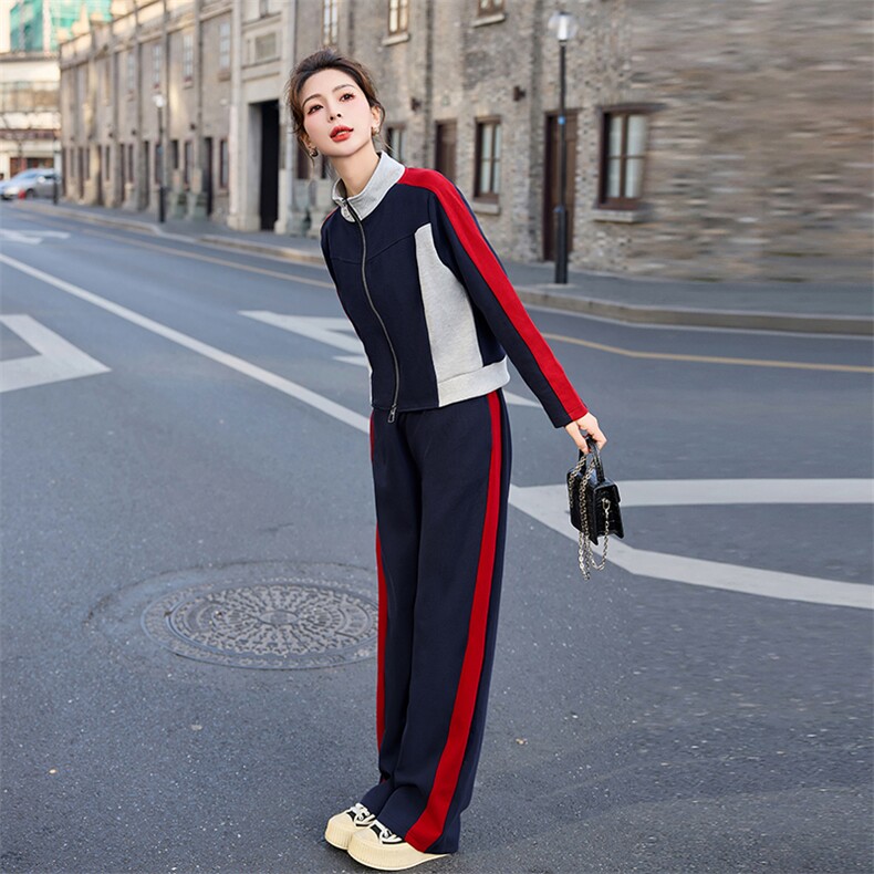 运动套装女春秋2025新款时尚显瘦开衫拼色休闲服立领卫衣两件套棉,女装套装/套裙,凝聚力