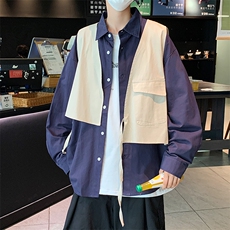 日系复古假两件工装马甲长袖衬衫男女ins风情侣衬衣秋W1604-P45，男装衬衫，星座512-2