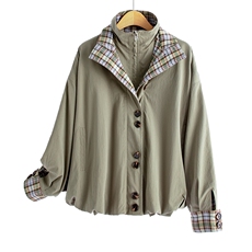 水衣源2796款灯笼外套女咸菜绿立领格子拼接洋气一手长风衣，女装风衣，水衣源