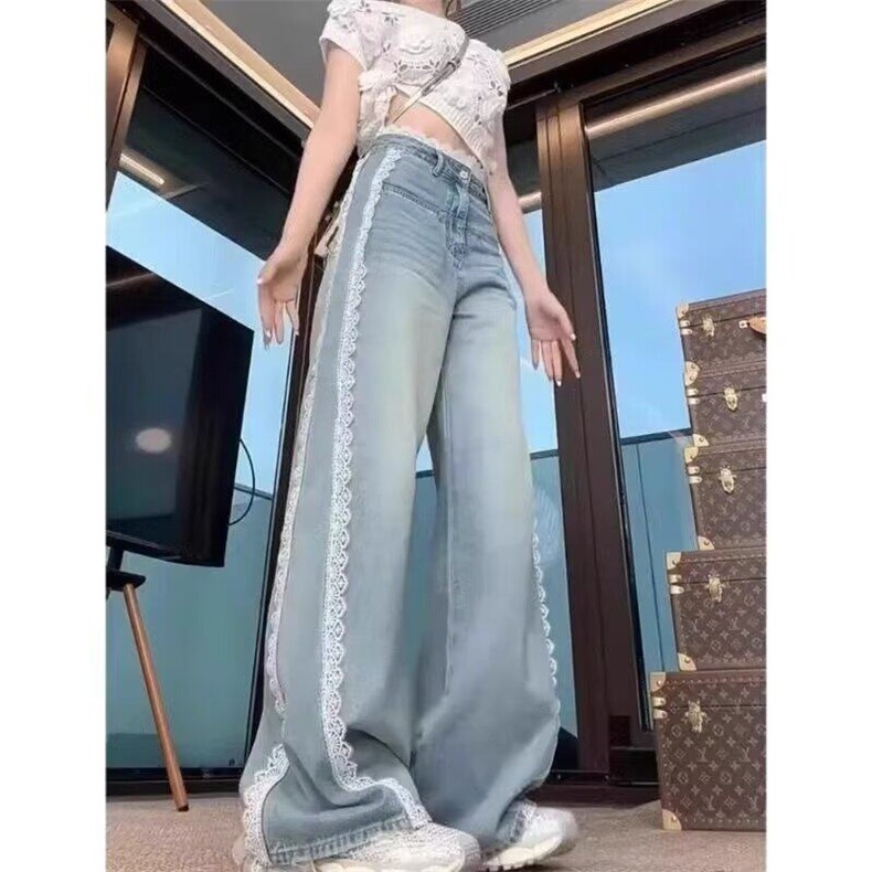 阔腿蕾丝牛仔裤女2025年新款显瘦大码拖地宽松设计感直筒-网图,女装牛仔裤,星座302B-2