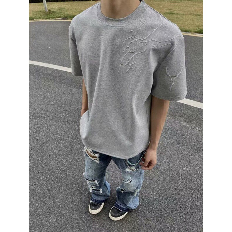 暗纹闪电刺绣t恤男款夏季280g冰感重磅美式复古短袖高街半截袖，男装T恤，四季星座505