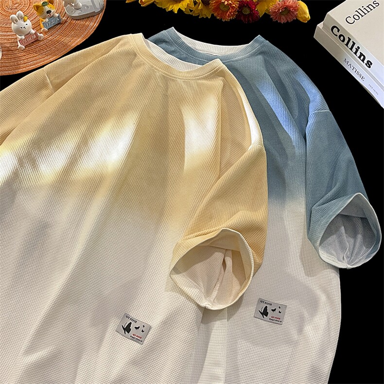 T802P35毛毯平铺重磅280克华夫格渐变短袖t恤蝴蝶印花情侣款潮,男装T恤,电商A026-1