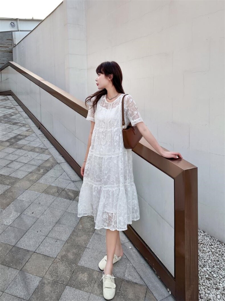 真丝绉绣花连衣裙，女装连衣裙，天使公主