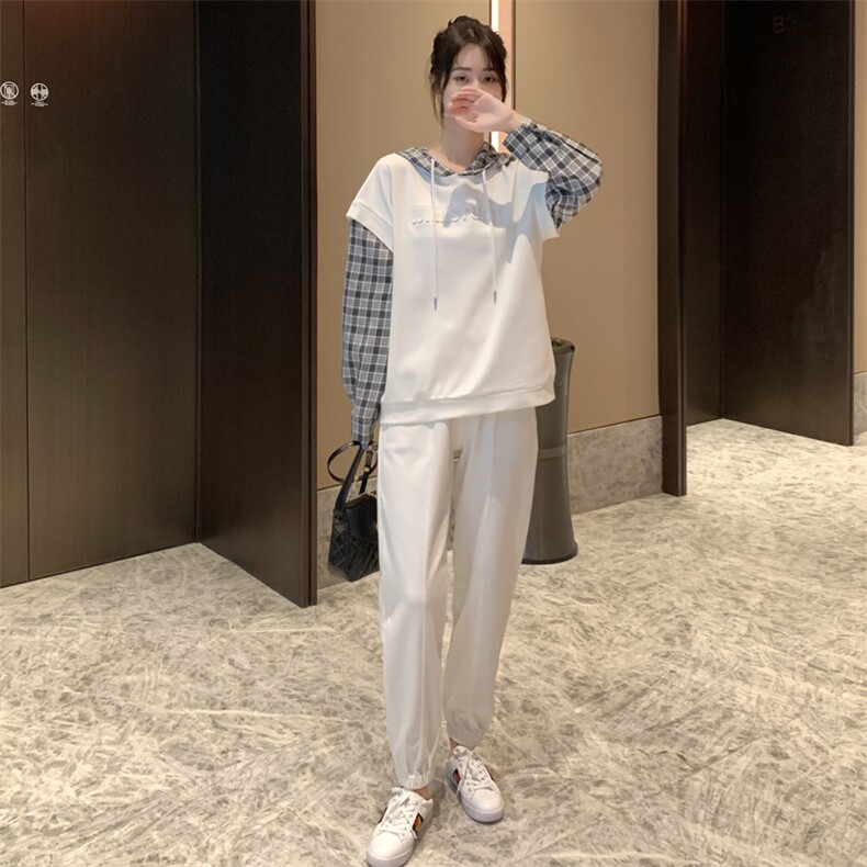 2021年春季时尚气质百搭优雅格子拼接简约两件套,女装套装/套裙,艾尚靓装