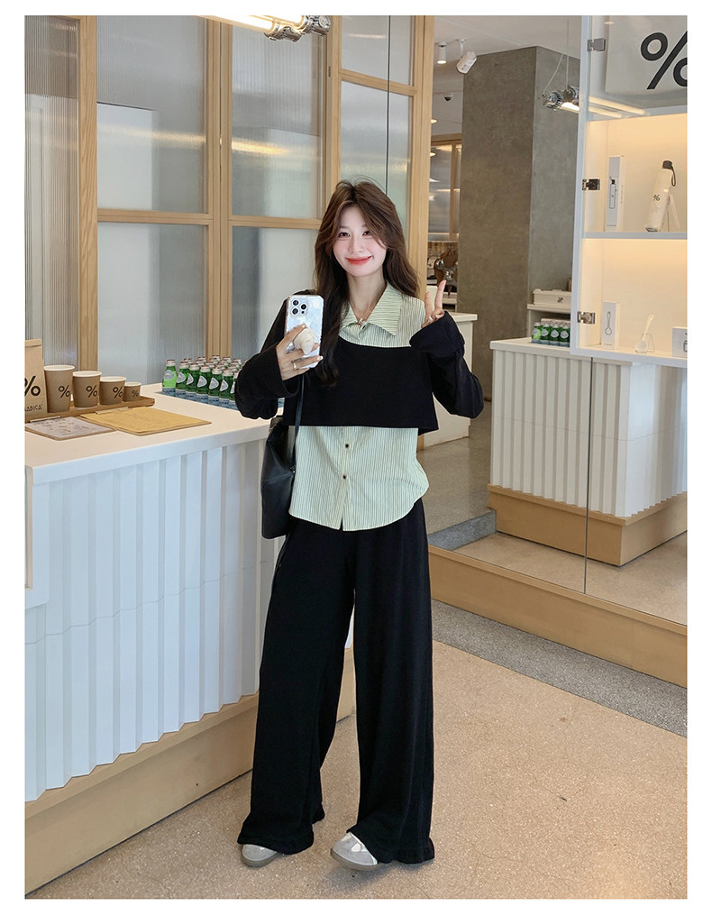 减龄时尚套装假两件拼接条纹衬衫阔腿裤两件套女秋季,女装套装/套裙,2C189