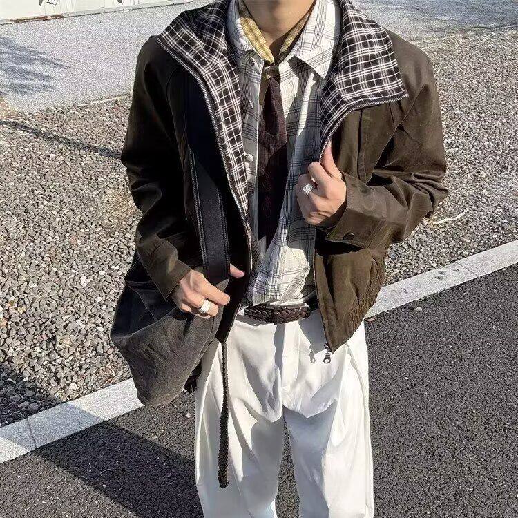 假两件复古翻领夹克男春秋高级感美式潮牌痞帅外套休闲宽松棒球服,男装夹克,四季星座505