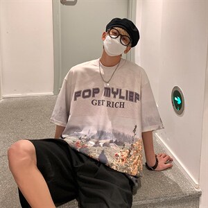 2023夏新款港风满版图案印花宽松圆领短袖T恤上衣T2225-P40，男装T恤，星座914-3