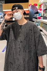 T8042/P30夏季破洞短袖T恤男个性设计感大码重磅宽松上衣，男装T恤，电商A141