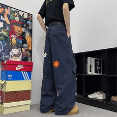2025夏季新款直筒工装裤男女美式宽松花花刺绣伞兵裤KZ0126-P70，男装工装外套，星座308B-1