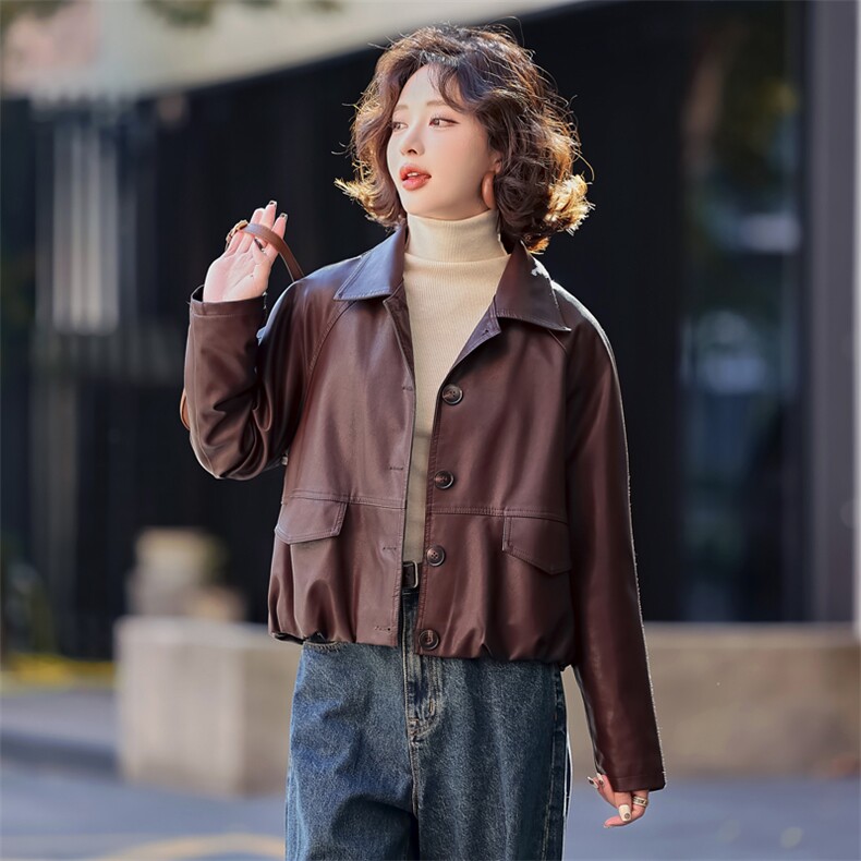 常规短款春季方领纽扣极简风皮衣春秋韩版机车服休闲气质小个子，女装皮衣，简古