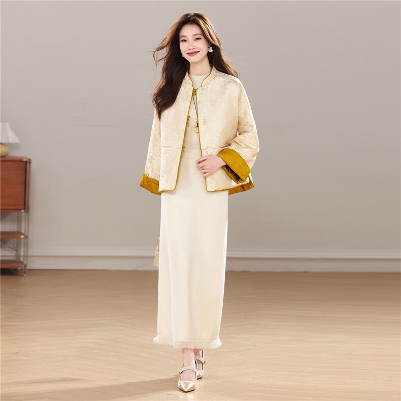 冬季新款加厚棉衣新中式重工提花珍珠扣立领拼接款两面穿外套女，女装棉衣/棉服，宝儿家