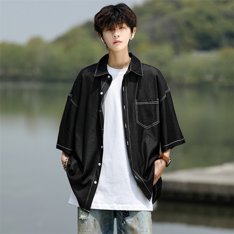 8XL-M冰丝牛仔短袖衬衫男款夏季薄款宽松慵懒衬衣外套DC28006P60,男装T恤,电商B312