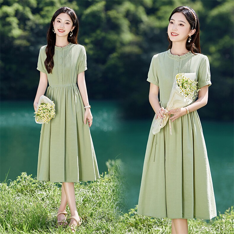 文艺绿色棉麻短袖连衣裙女2026夏季新款系带收腰气质减龄过膝长裙,女装连衣裙,倪叶myz