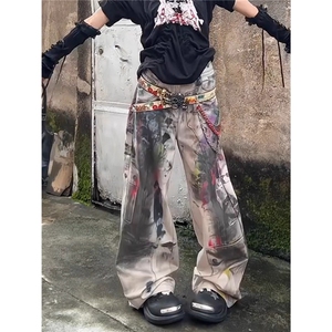 美式复古做旧涂鸦脏脏风牛仔裤阔腿宽松拖地裤XXG196图片