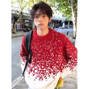 圣诞红雪花渐变毛衣男冬季提花针织衫情侣氛围感毛线衣 MY31图片