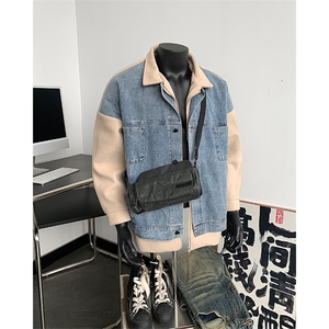 男装假两件牛仔毛呢大衣24秋冬季潮牌呢子夹克男XZ514-2-F91-P135图片