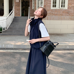 藏青色工装休闲套装裙女2025夏季新款韩系慵懒风马甲半身裙两件套图片
