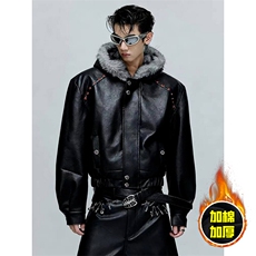 现货冬季美式潮牌痞帅PU皮机车服棉衣毛毛绒狼王座山雕皮棉服，男装棉衣，电商A486