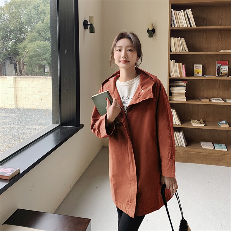 2025年秋季新品宽松型常规日韩休闲中长款连帽拉链学院风风衣外套,女装风衣,秋牧寒烟