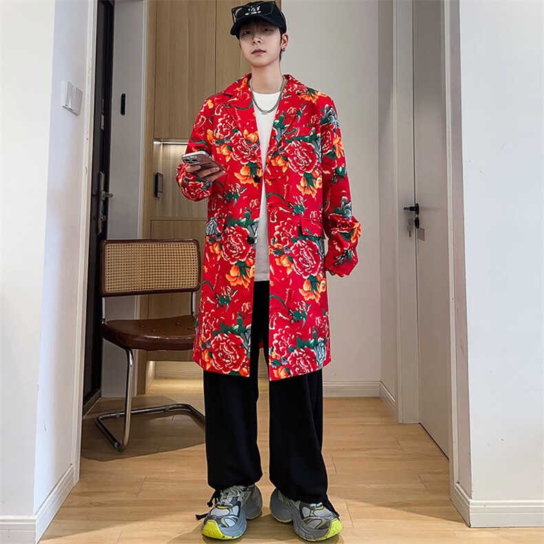 Y001男士中长款休闲风衣外套东北大花帅气大衣潮大码新中式团队服,男装风衣,星座115A(原星座507）