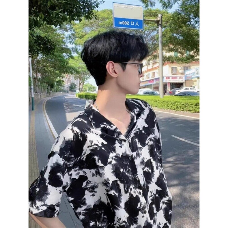 韩扎染水墨画翻领短袖衬衫男夏季冰丝宽松垂感短袖衬衣C3384,男装T恤,星座1116A（原606A-3）
