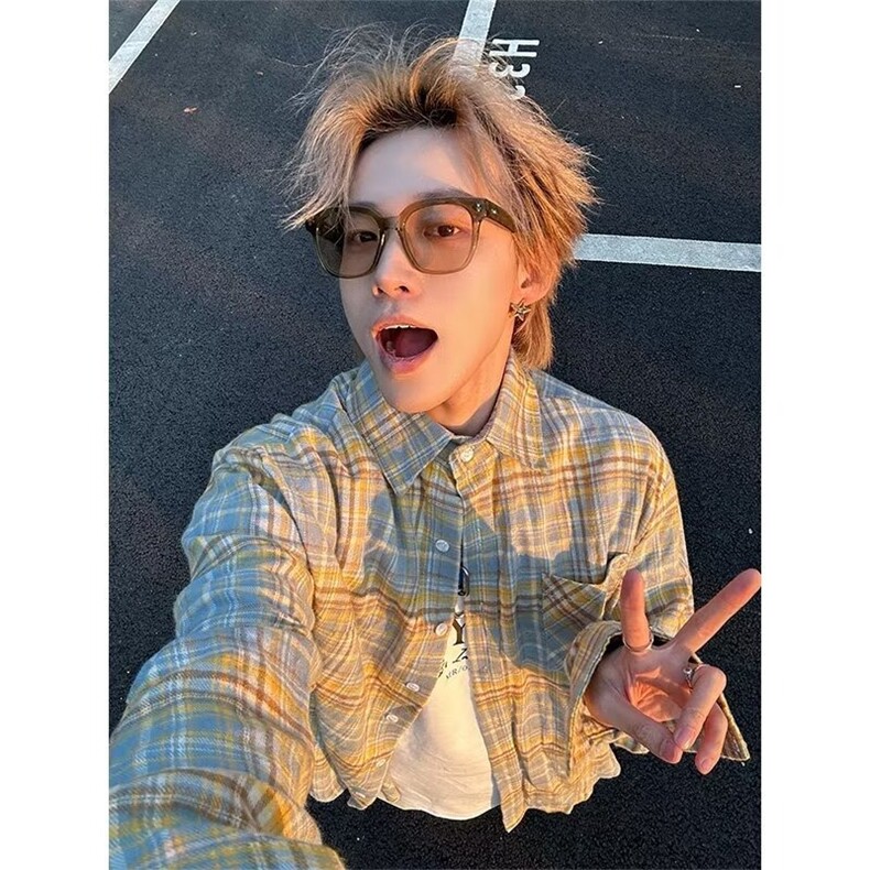 青少年标准雀斑男装磨毛格纹长袖衬衫翻领潮流新款潮格子春季日系,男装衬衫,星座1210-1