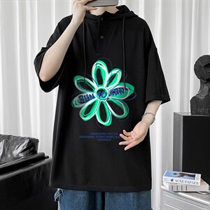 LD54170-P45 连帽短袖t恤男大码胖子带帽五分袖中袖图片