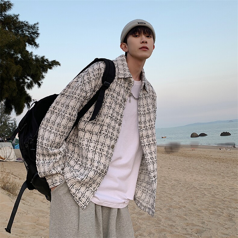 小香风衬衫男2023韩版潮流春秋季新款ins宽松帅气外套W6228X-P55,男装衬衫,星座412-2
