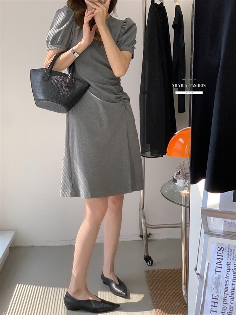 香丽迪2022年夏季新款拼接连衣裙女针织短袖圆领修身高腰,女装连衣裙,香丽迪1