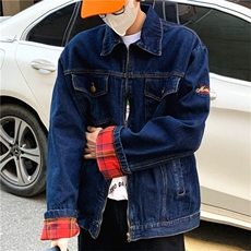 美式复古格纹拼接牛仔外套男女休闲宽松百搭工装夹克潮JK1166-P78，男装工装外套，星座1103-3