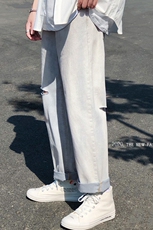 主推浅色牛仔裤子男士港风潮流宽松阔腿直筒裤破洞九分裤C，男装牛仔裤，星座1008