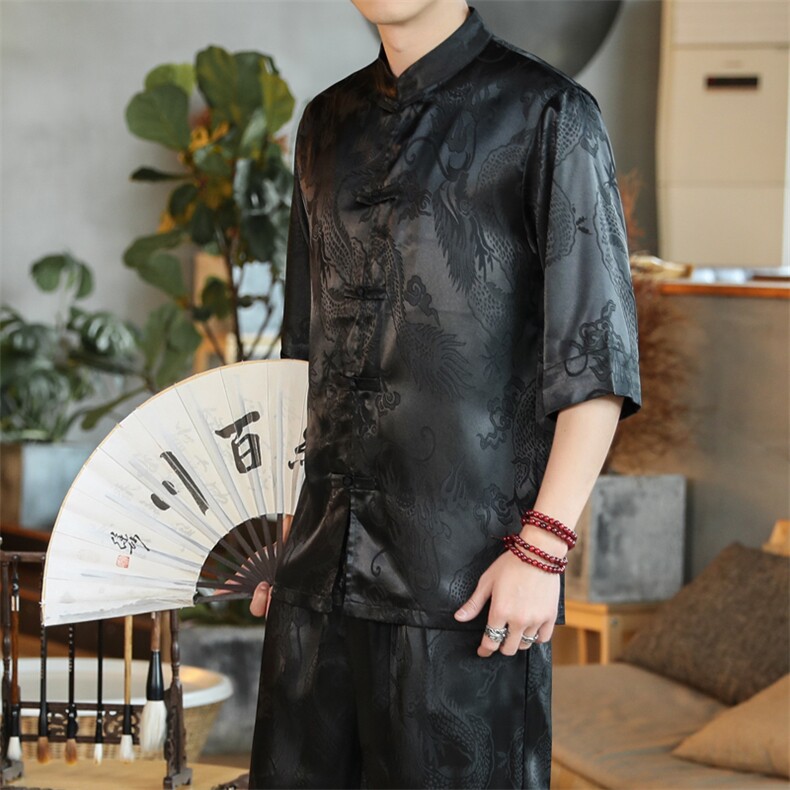 新中式衬衫男风男装汉服大码龙纹盘扣道袍短袖开衫 CS513 P35图片