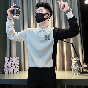 痞帅高级感男士拼接翻领卫衣外套社会小伙店主风301C-WY50P58控78图片