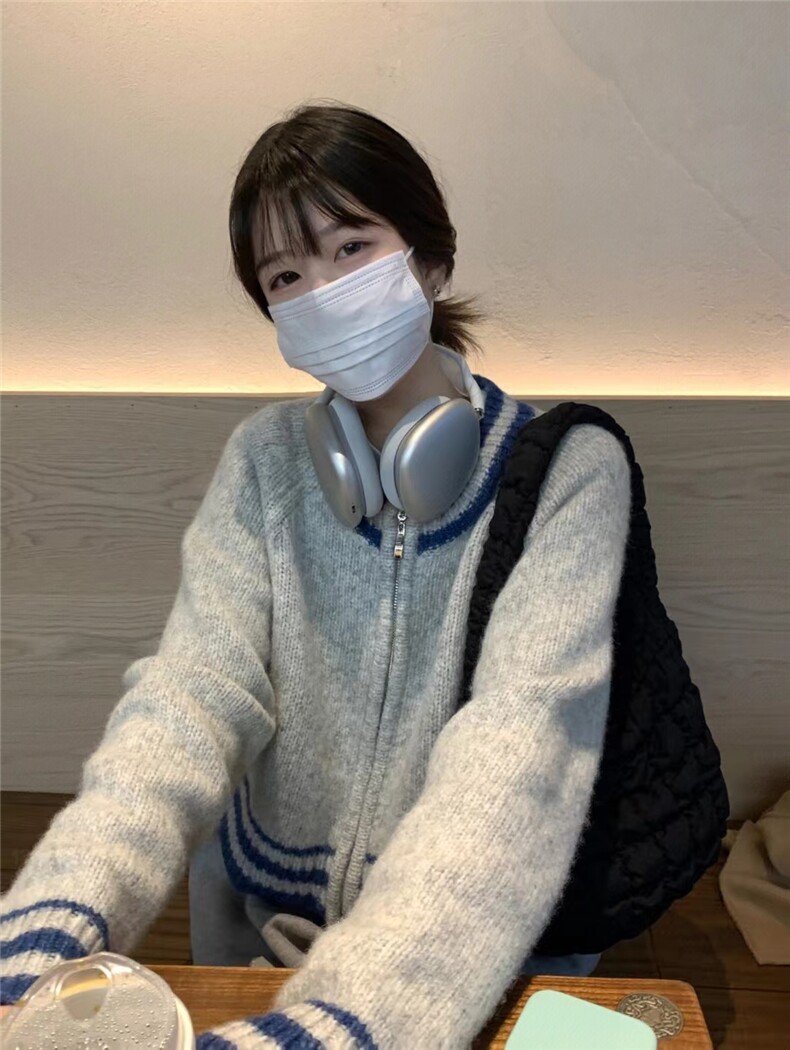 时尚拼色仿羊毛拉链外套舒适保暖百搭单品,针织衫/毛衣,雪真羊绒
