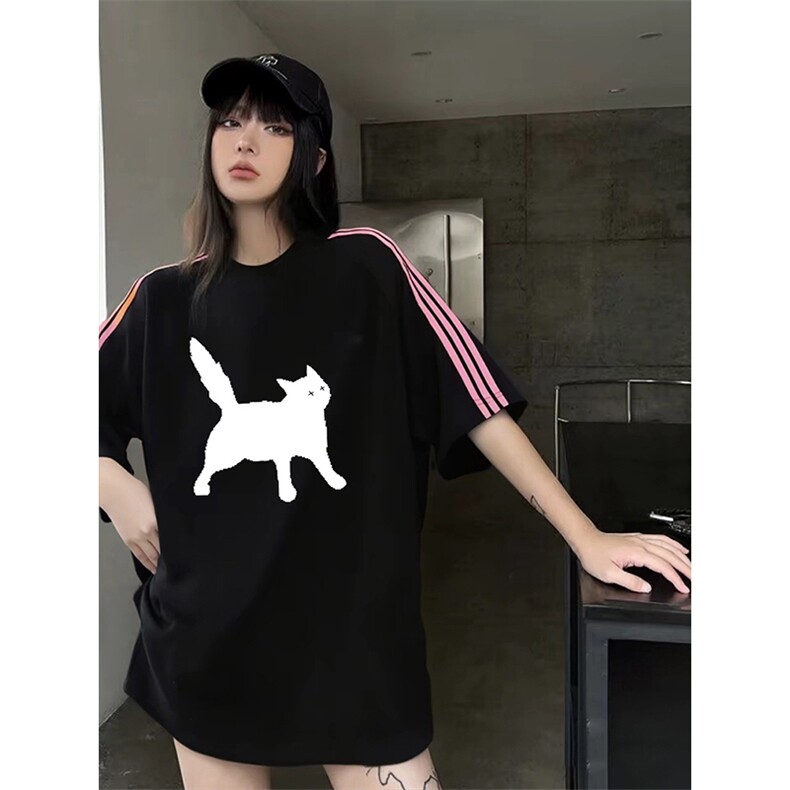 抖音得物品质二开240克宽松纯棉美式潮牌印花三条杠中性风短袖T恤,男装T恤,电商A486-1