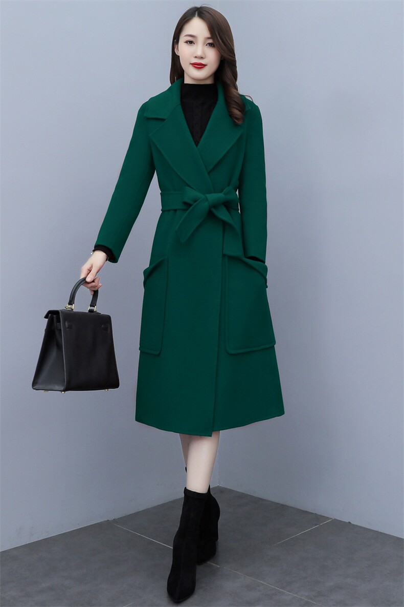 时尚简约大方系带欧版全羊毛长款大口袋双面羊绒大衣，女装毛呢外套，媚琳依坊