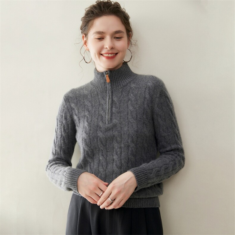 2025年秋季新款百搭女士半拉链提花加厚保暖羊绒衫,女装羊绒衫,纳丰羊绒