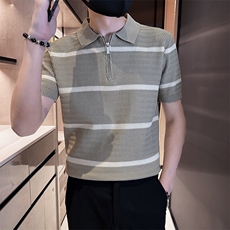 2025夏季短袖针织冰丝条纹短袖翻领Polo衫F6182-P55，男装T恤，电商D342