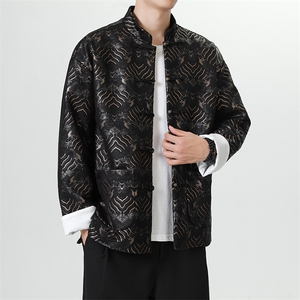 秋冬新品加厚江涯海浪烫金印花手工盘扣唐装新中式铜扣外套JK100图片