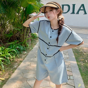 韩版时尚设计感牛仔连体裤女2025夏季新款法式宽松显瘦阔腿短裤子图片
