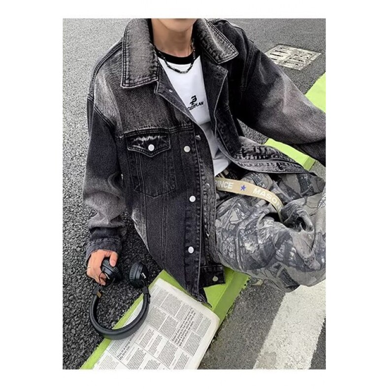美式高街vibe水洗做旧拼接牛仔外套潮牌宽松百搭情侣翻领夹克衫,男装夹克,星座601-1