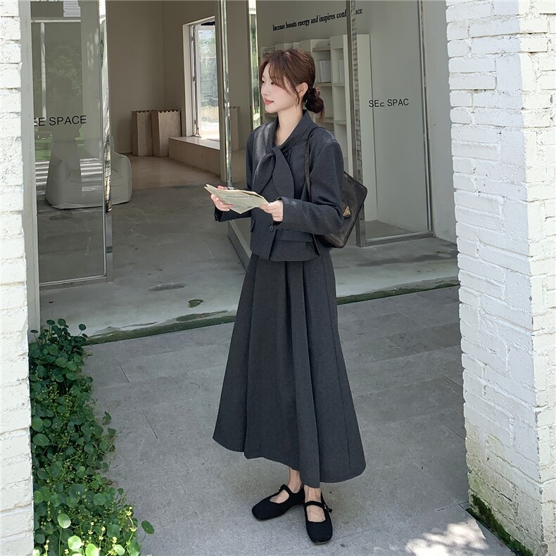 灰色韩版两件套连衣裙,女装套装/套裙,浙宝238